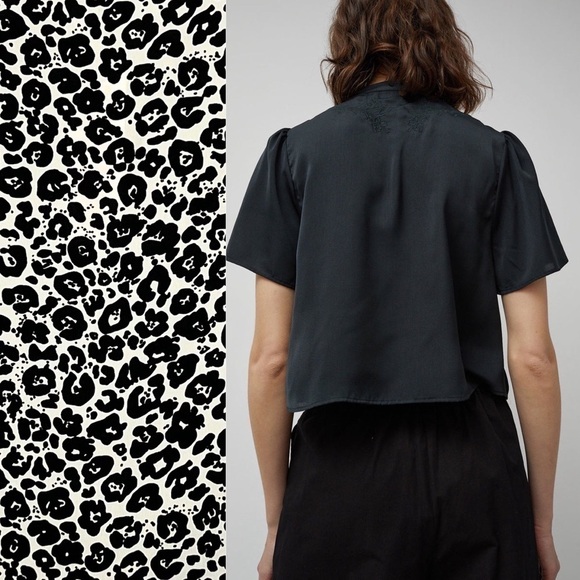 NWT CIAO LUCIA Leopard Short Sleeve Gathered Front Yoke Tie High Neck Crop Top S - Picture 6 of 10